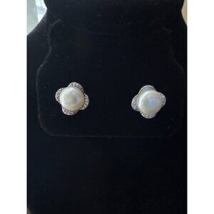 White Pearl Quatrefoil Sterling Silver Marked Stud Post Earrings